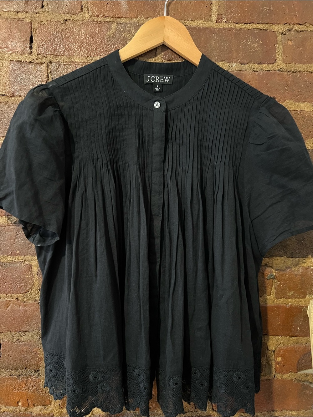 J. Crew Black Pintuck Short-Sleeve Blouse with Eyelet Hem